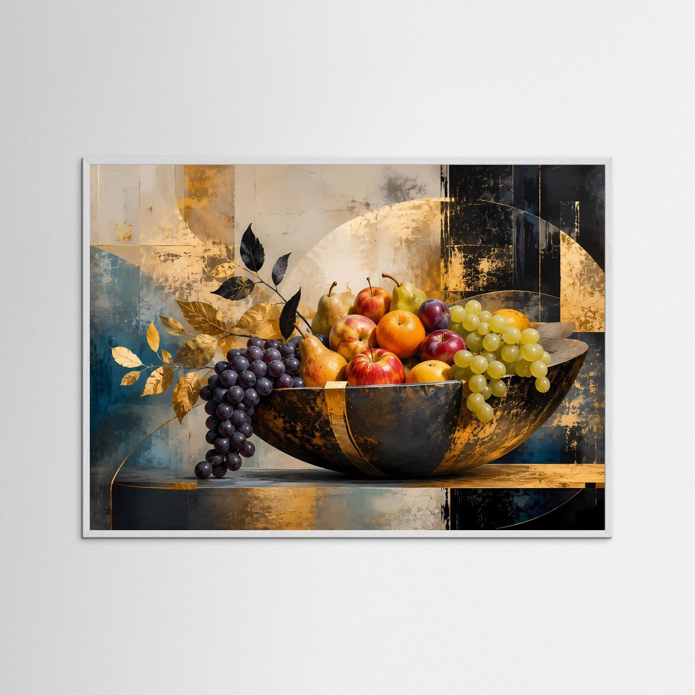 Poster mit Obstschale im weißen Holzrahmen: dunkle Schale mit goldenen Akzenten