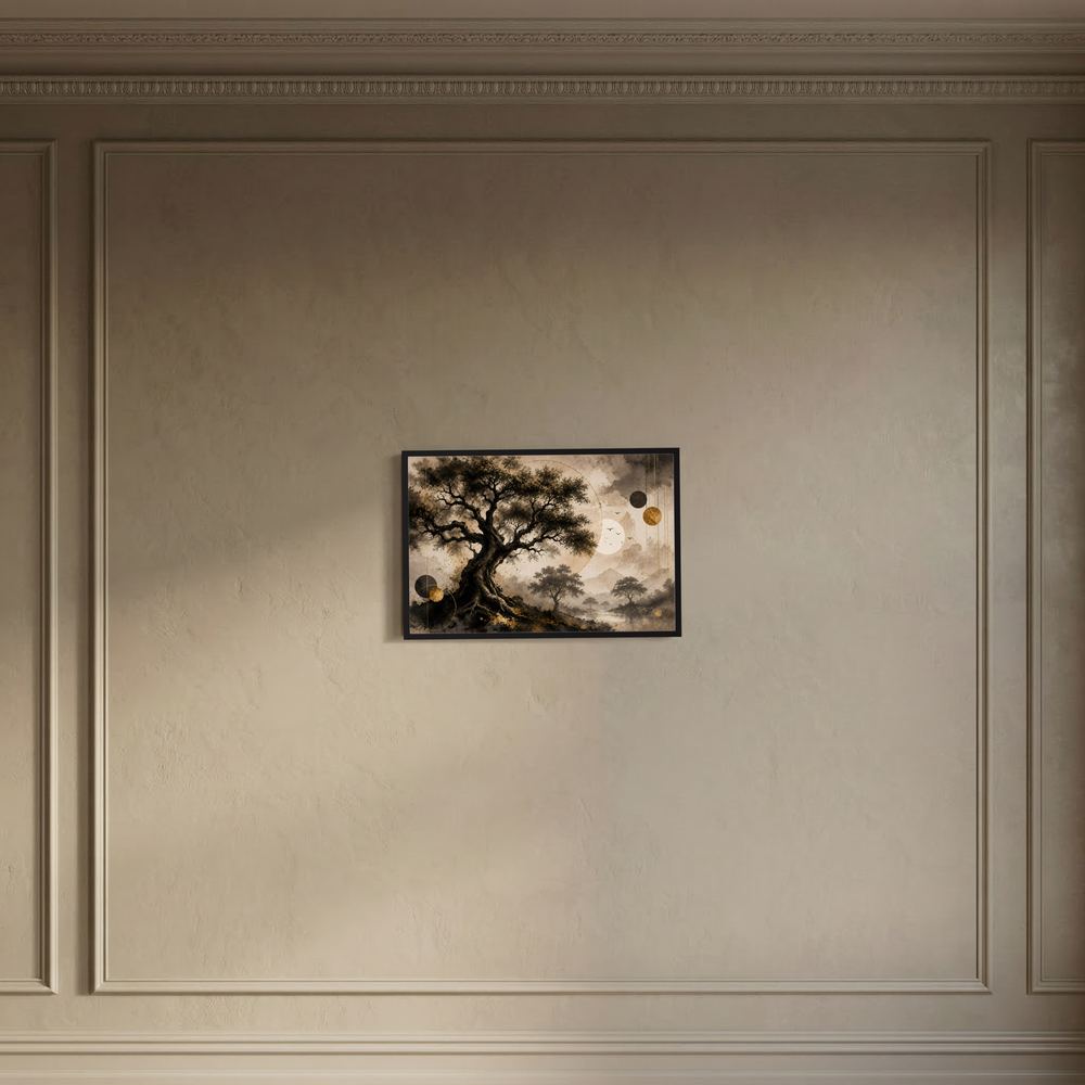 Gerahmtes Wandbild mit Baummotiv in Braun/Beige und goldenen Akzenten, Querformat, schwarzer Rahmen