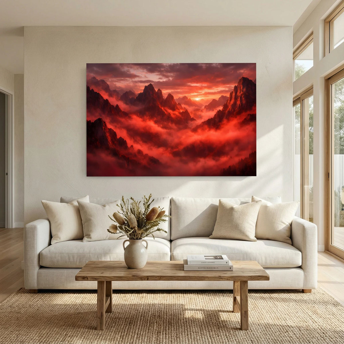 Querformatiges Wandbild mit roten Bergspitzen, Nebel und Sonnenuntergang am Horizont