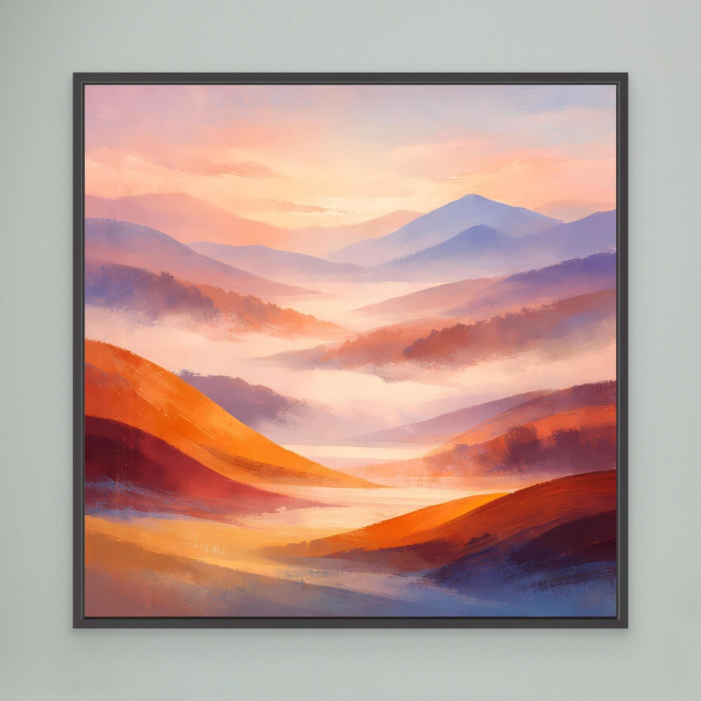 Leinwandbild mit schwarzem Rahmen, abstrakte Pastell-Berglandschaft in Orange und Lila