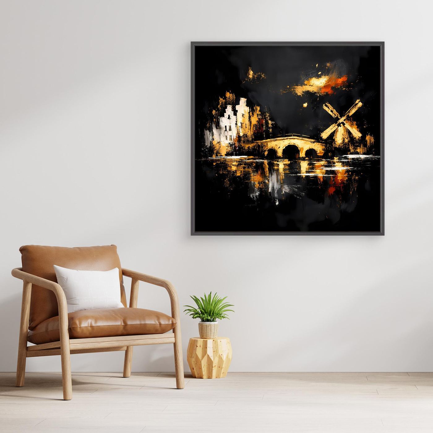 Leinwand Goldene Windmühle in Amsterdam | Abstraktes Holland Wandbild Modern