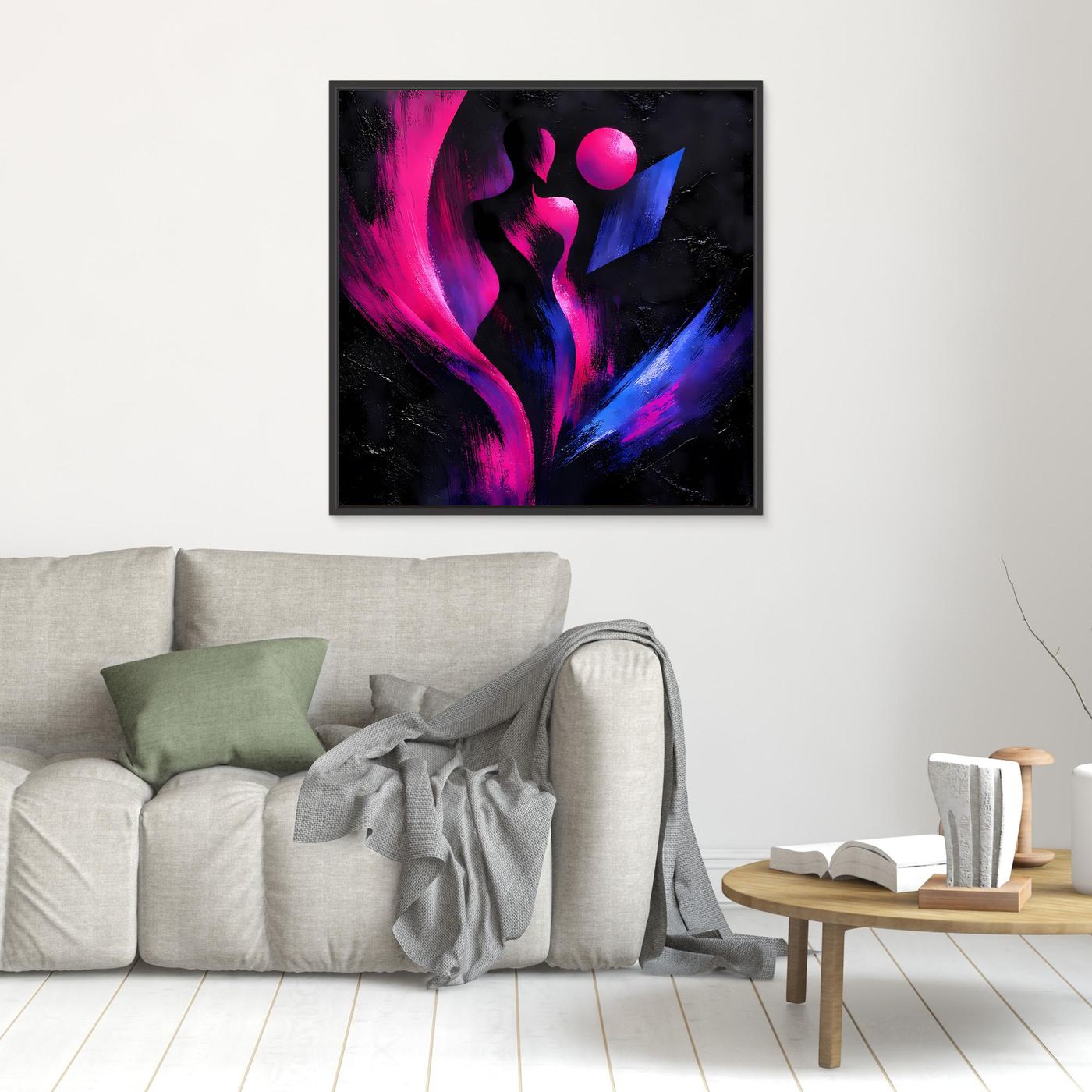Leinwandbild mit abstrakter Silhouette in Neon-Pink und Blau, runde Elemente, klein, schwarz gerahmt
