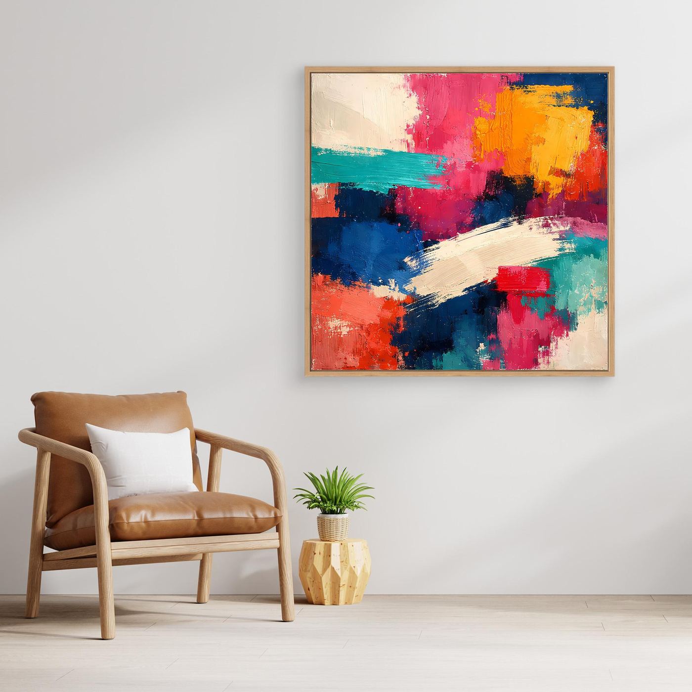 Abstraktes Leinwandbild mit farbigen Pinselstrichen in Rot, Blau, Gelb und Grün, Eichenrahmen