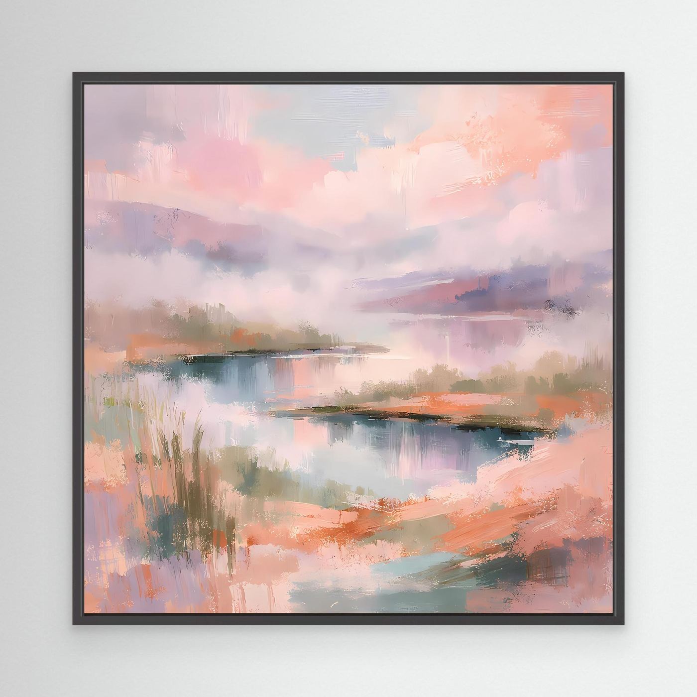 Abstraktes Leinwand-Wandbild mit Pastell-See und Ufer, schwarzer Rahmen