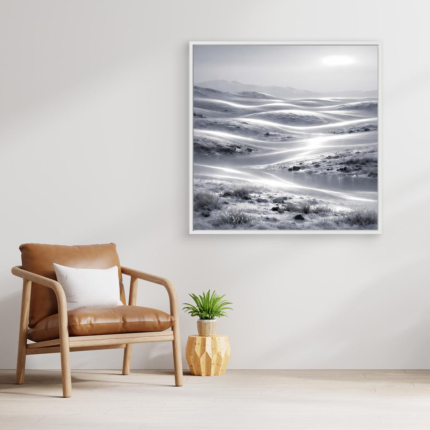 Leinwandbild im weißen Rahmen mit abstrakter Winterlandschaft: schneebedeckte Dünen