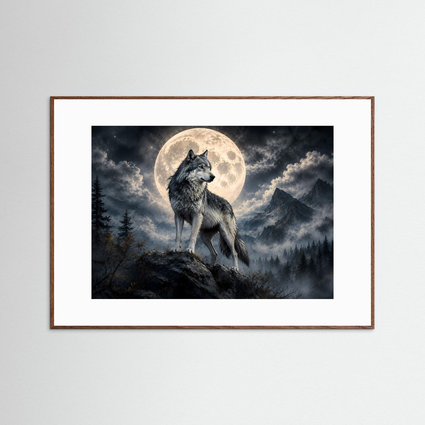 Wolf vor Vollmond Poster | Mystische Berglandschaft bei Nacht | Majestätischer Wolf Wandbild | Mondlicht Naturkunst | Premium Leinwand & Wall Art