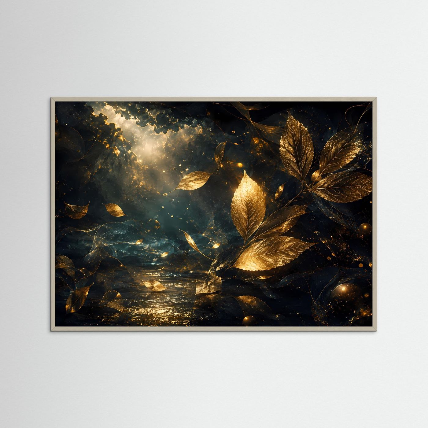 Botanische Wandkunst im Dunkelton: goldene Blätter und Lichtschein, grauer Rahmen