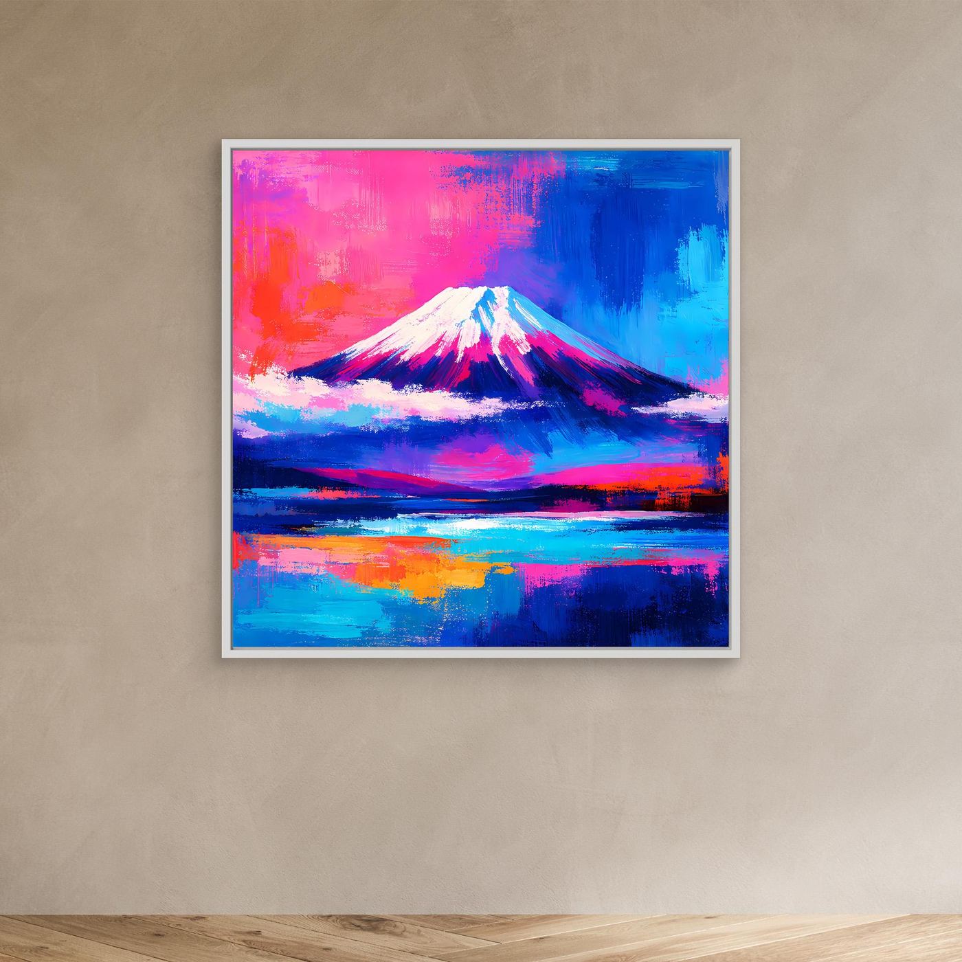 Leinwandbild Abstrakter Fuji bei Sonnenuntergang | Farbenfrohes Berg Wandbild auf echtem Holzkeilrahmen