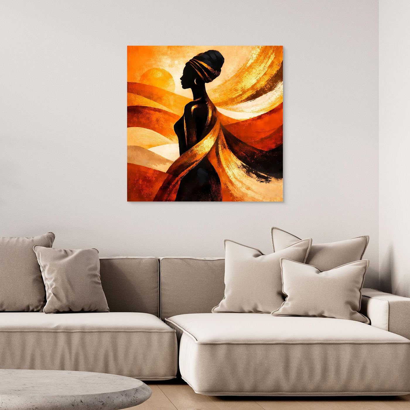 Leinwandbild mit Silhouette afrikanischer Frau, abstraktem Gold-Orange-Hintergrund, ohne sichtbaren Rahmen