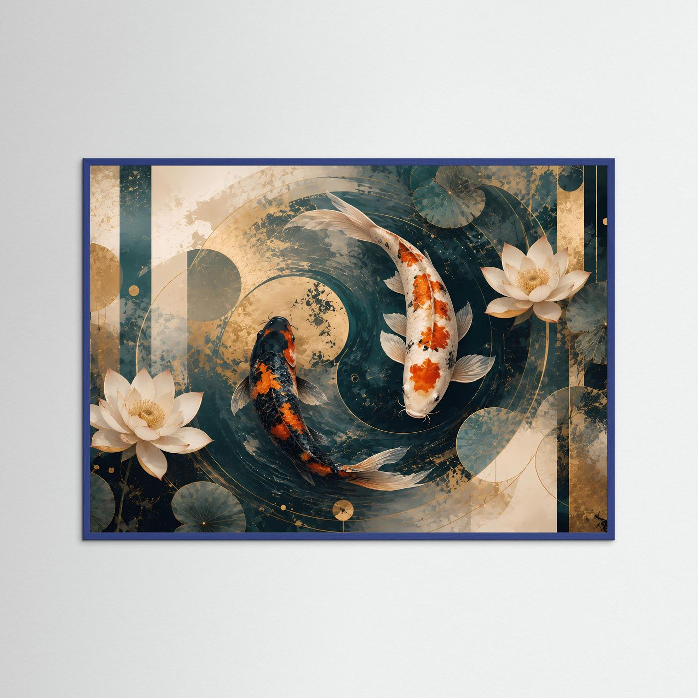 Koi Poster Querformat | Japanische Koi-Fische mit Lotusblüten in Petrol, Creme & Gold | Elegantes asiatisches Wandbild mit abstrakter Wasserlandschaft
