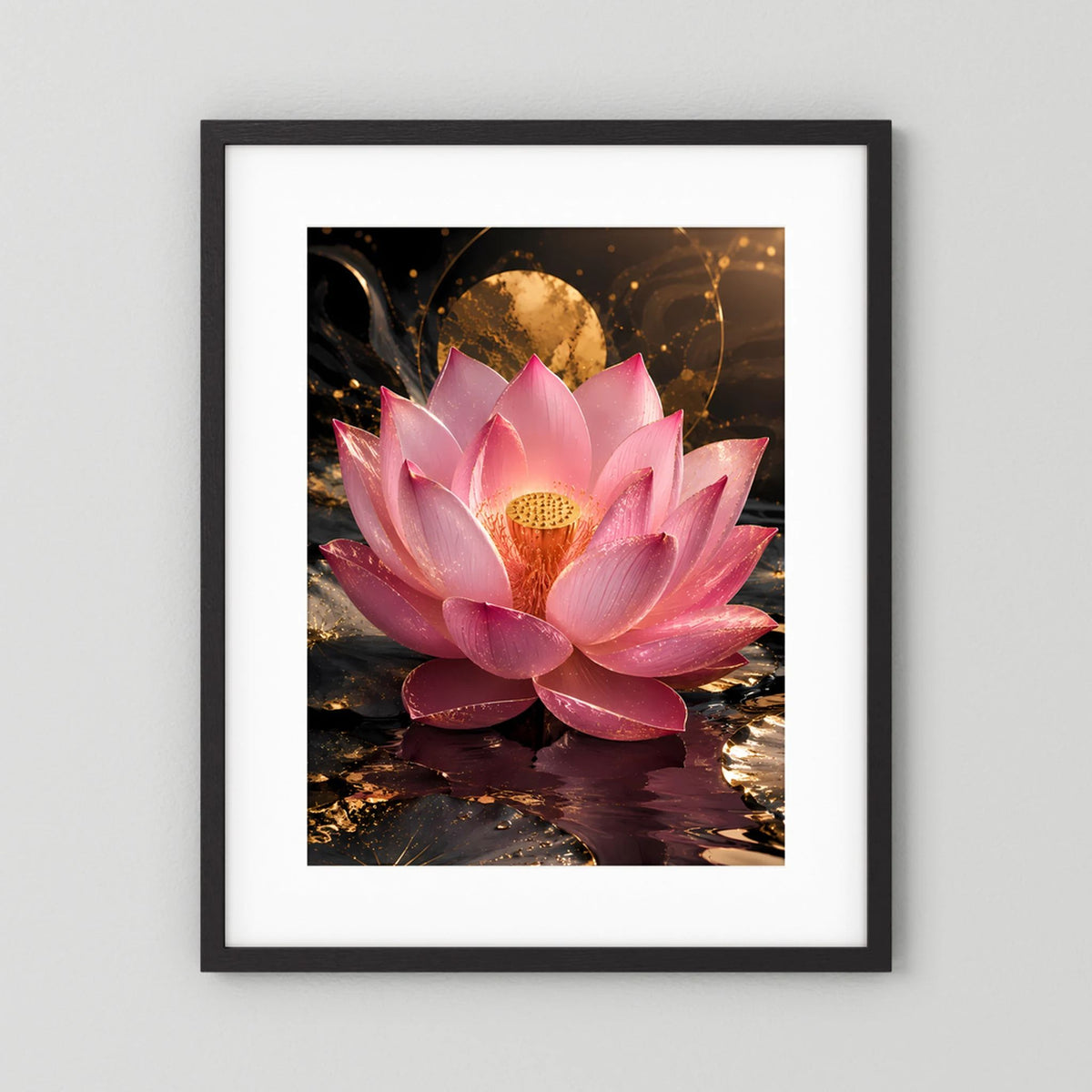 Lotusblüten-Poster mit schwarzem Rahmen und weißer Umrandung, rosa Blüte mit goldener Mitte