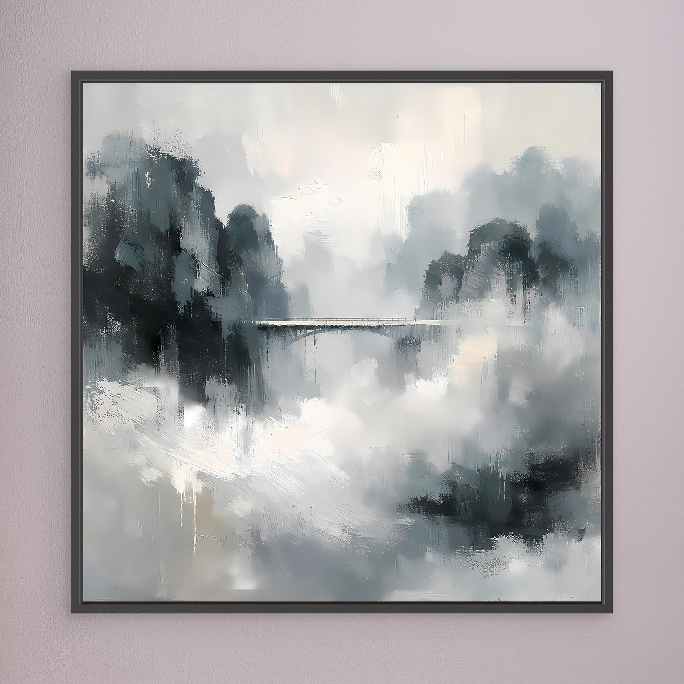 Leinwand Mystische Bergbrücke im Nebel | Abstraktes Natur Wandbild Grau