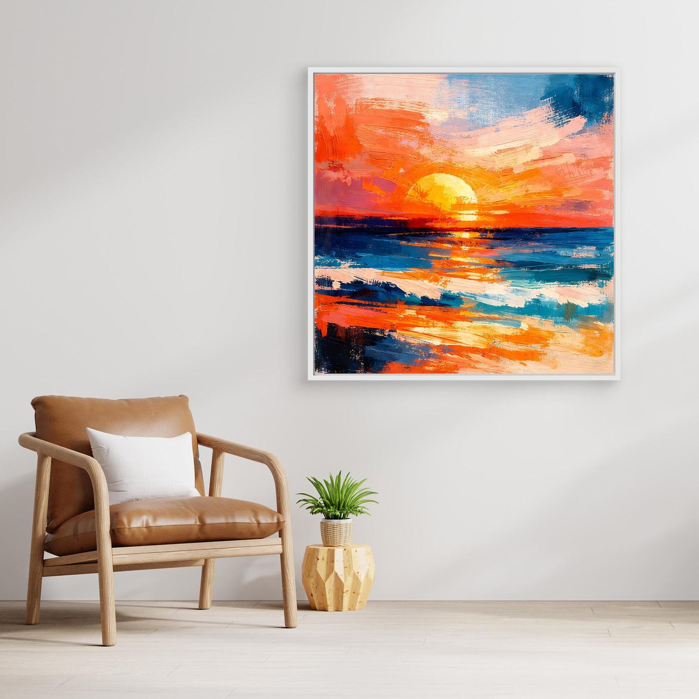 Light-framed abstract ocean canvas with orange sun over blue ocean