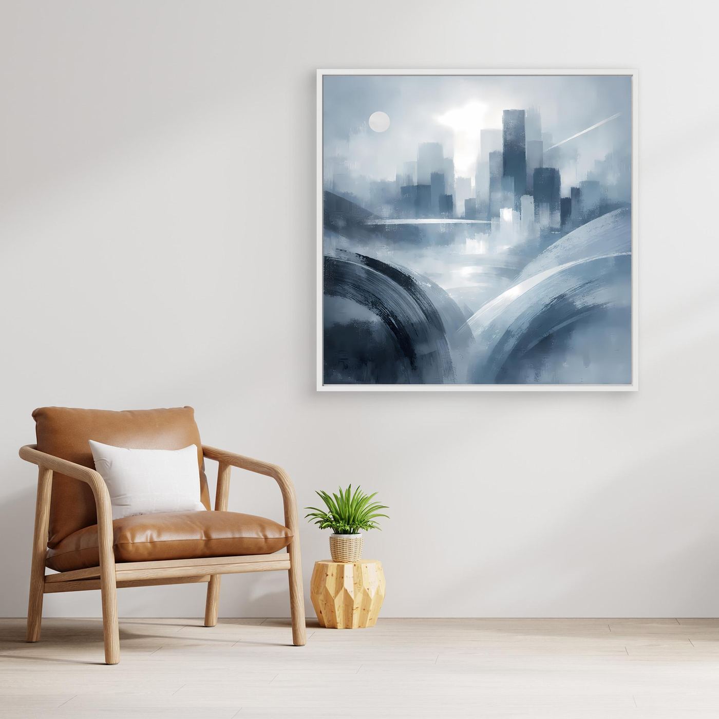 Leinwandbild mit abstrakter Skyline in Blau-Grau im weißen Rahmen