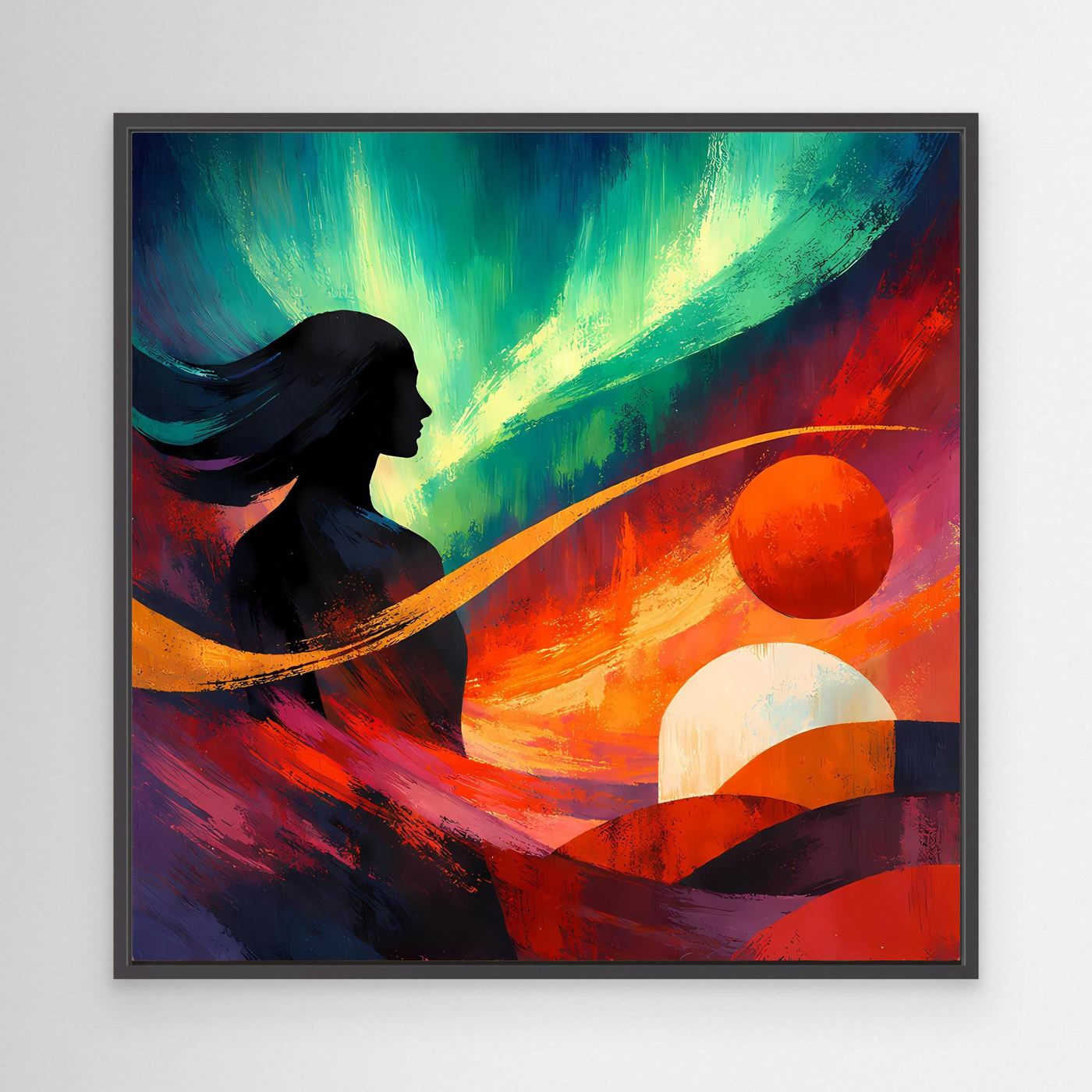 Leinwandbild mit abstraktem Polarlicht, Frauensilhouette und Farbkugeln, schwarzer Rahmen