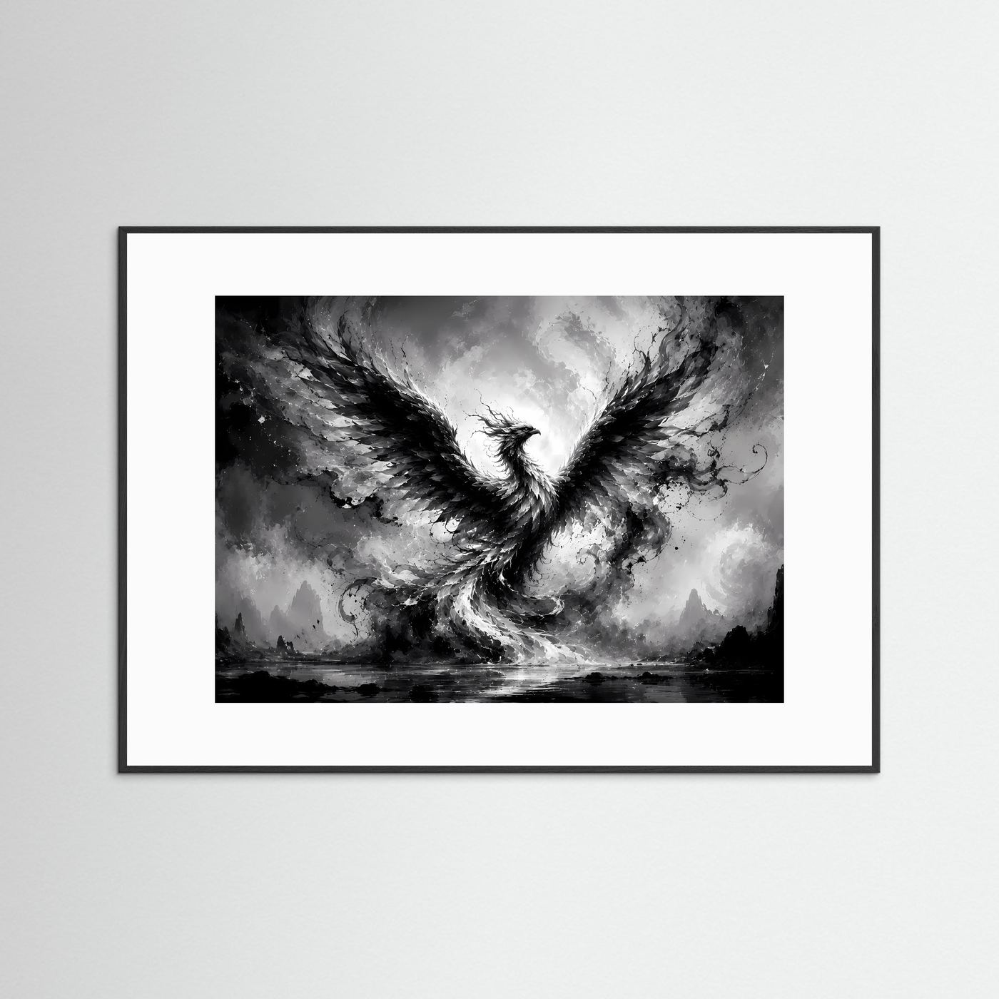 Phönix aus Licht und Schatten | Mystische Schwarz-Weiß Wandkunst – Abstrakter Feuervogel