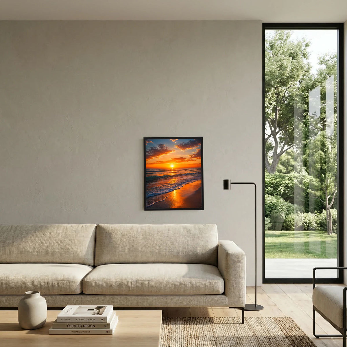 Wandposter im Hochformat, dunkel gerahmt, Strand-Sonnenuntergang mit warmem Licht auf dem Ufer