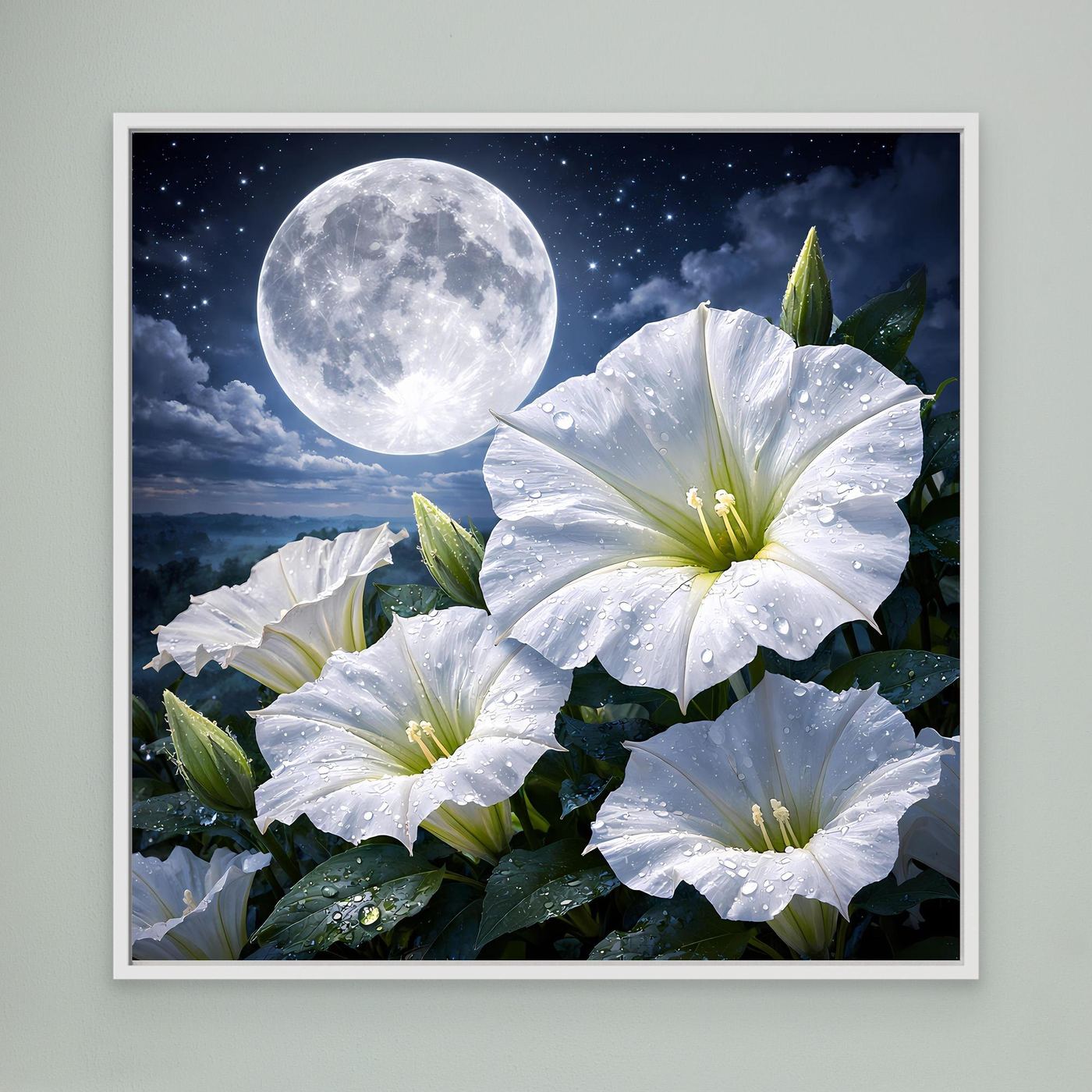 Wandbild auf Leinwand mit weißen Blüten und hellem Mond, weißer Rahmen
