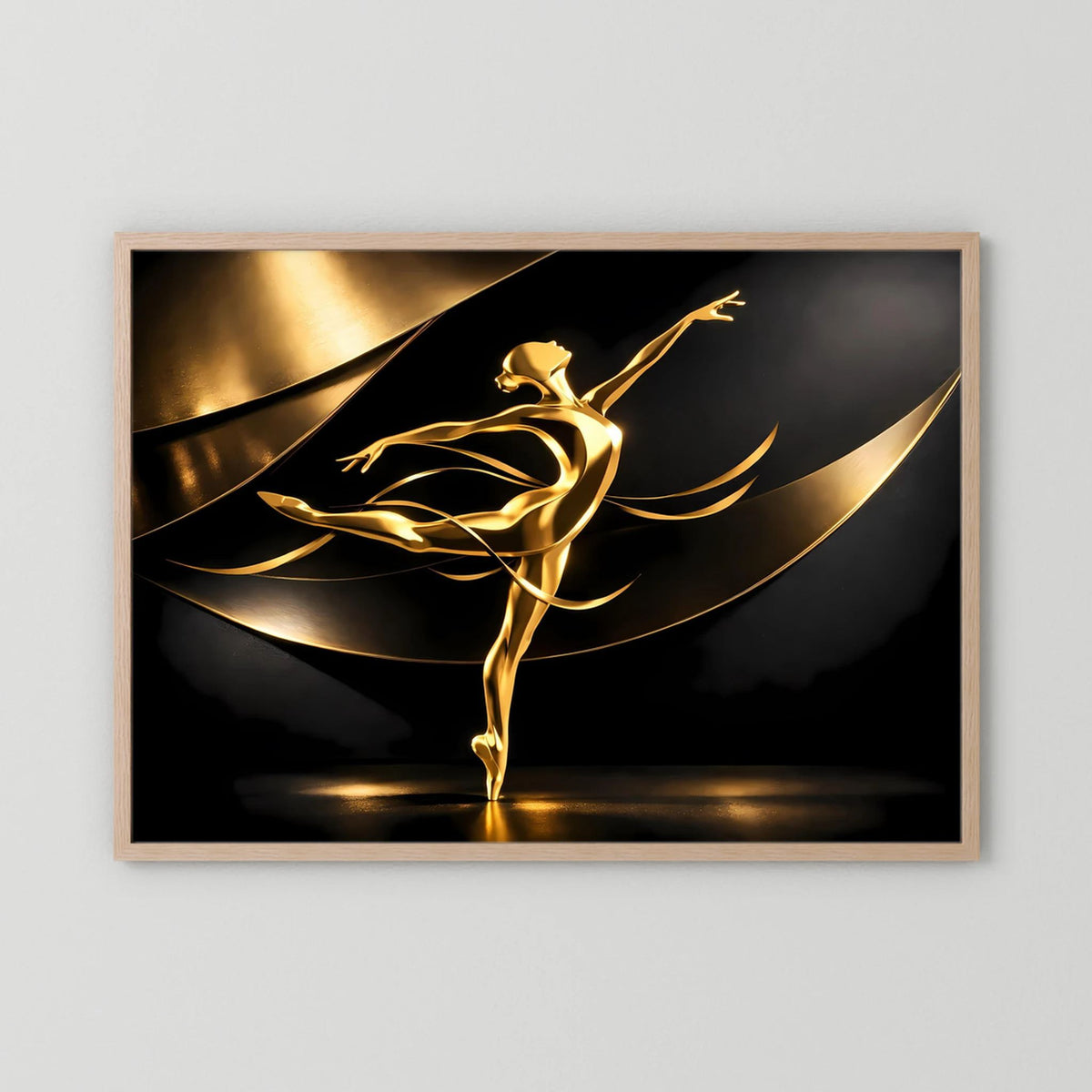 Wandbild im hellen Holzrahmen mit goldener Ballerina-Skulptur auf dunklem Hintergrund.