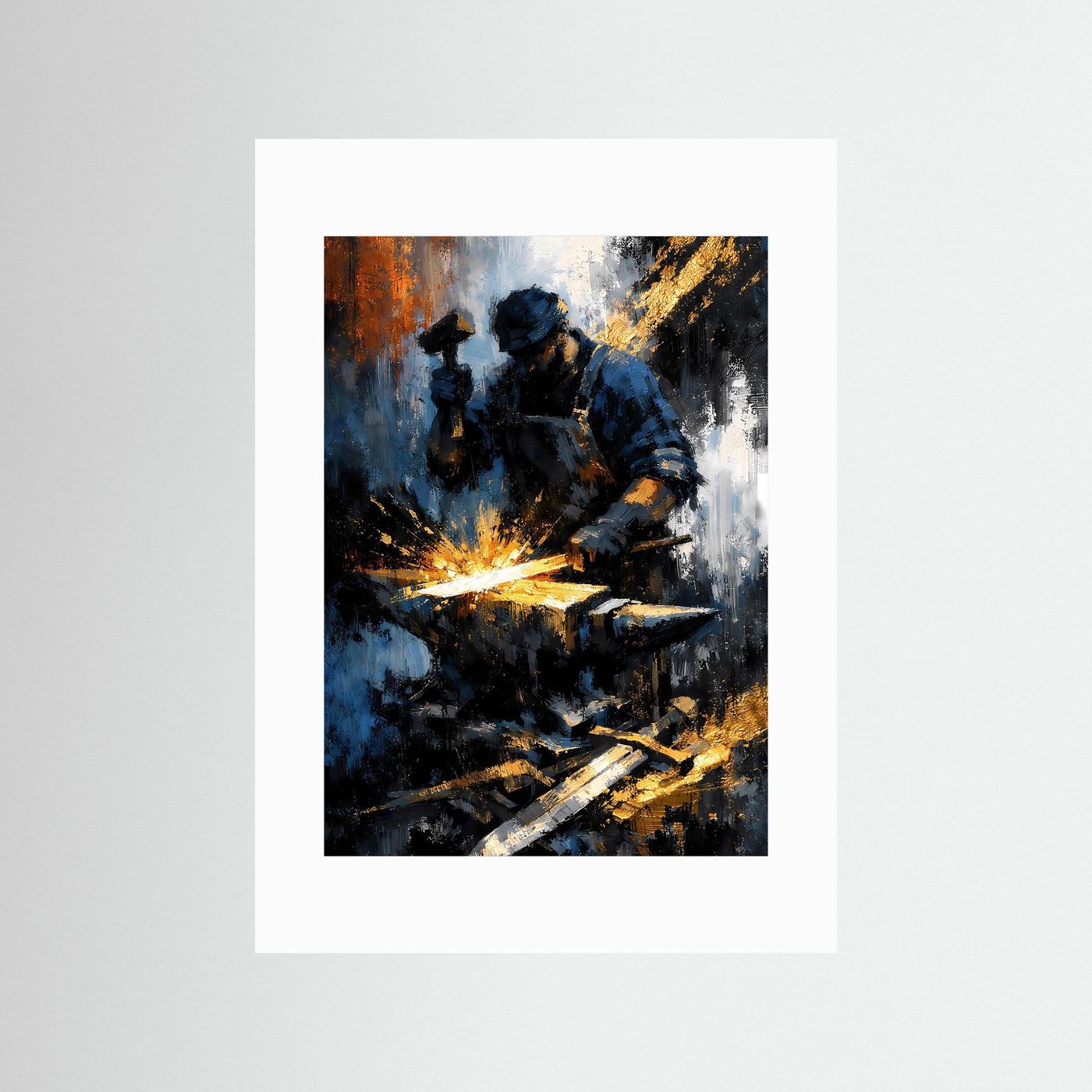 Hochformat-Kunstposter mit weißem Passepartout: Schmied mit Funken, blau-gold, dunkel