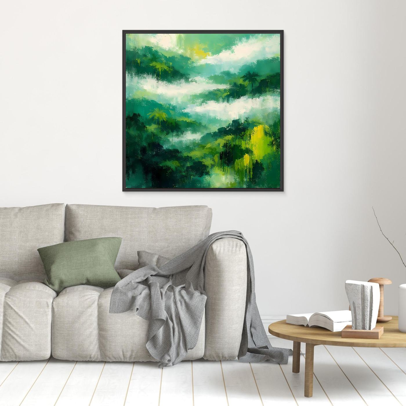 Leinwand-Wandbild mit abstraktem Regenwald, schwarz gerahmt, grüne und gelbe Flächen