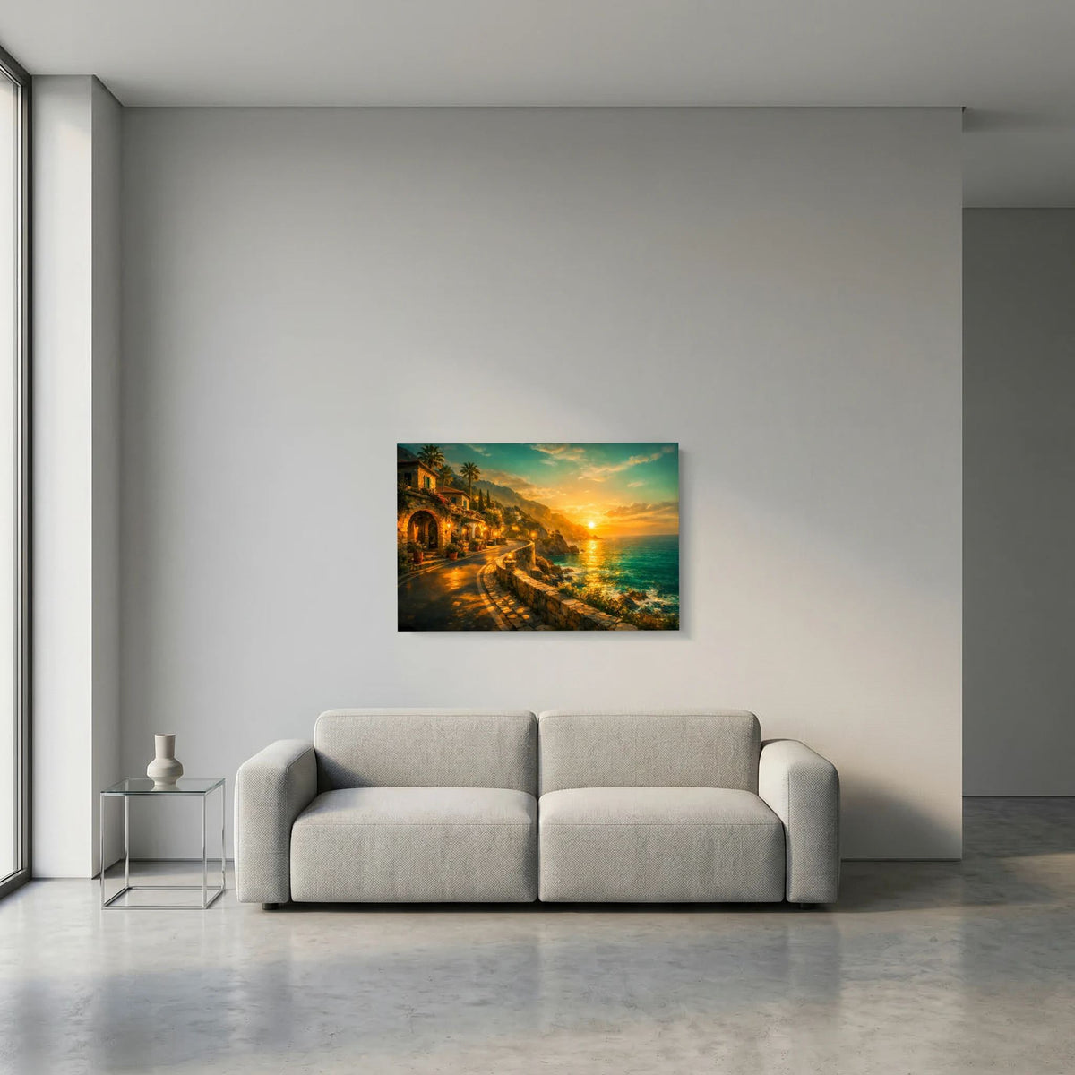 Kleines Wandbild mit Küstenstraße und Meer bei Sonnenuntergang im Querformat