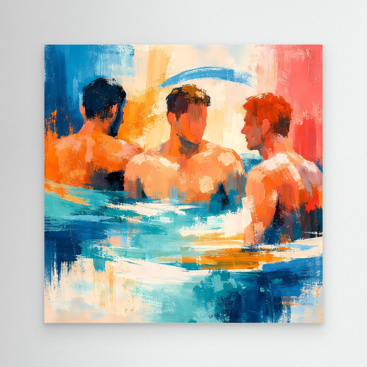 Abstract men-in-water painting wall art, blue and orange figures, unframed