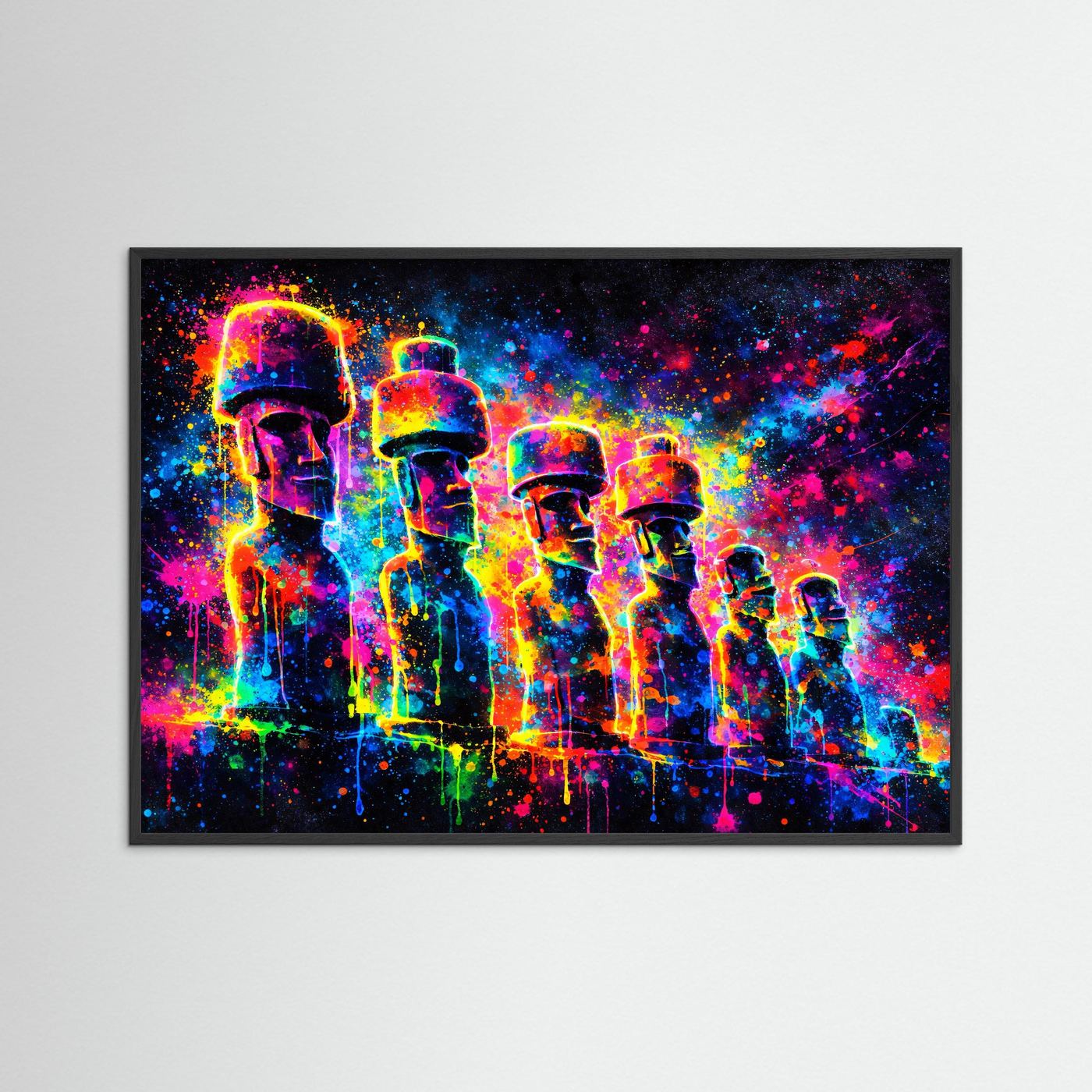 Farbenfrohe Moai Statuen mit Kopfbedeckung | Neon Pop Art & Osterinsel Wandbild Querformat