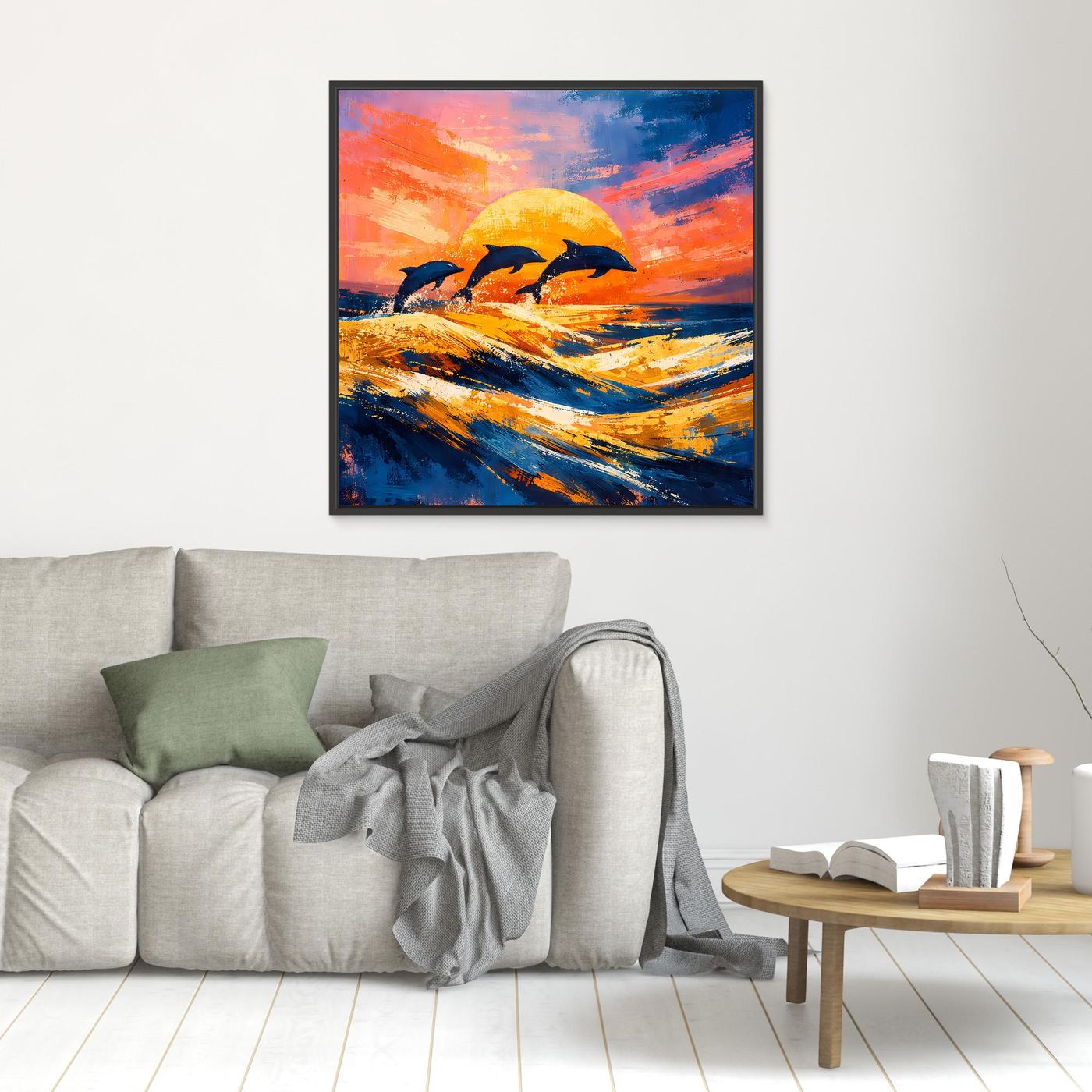 Leinwand Springende Delphine im Sonnenuntergang | Abstraktes Ozean & Meer Wandbild