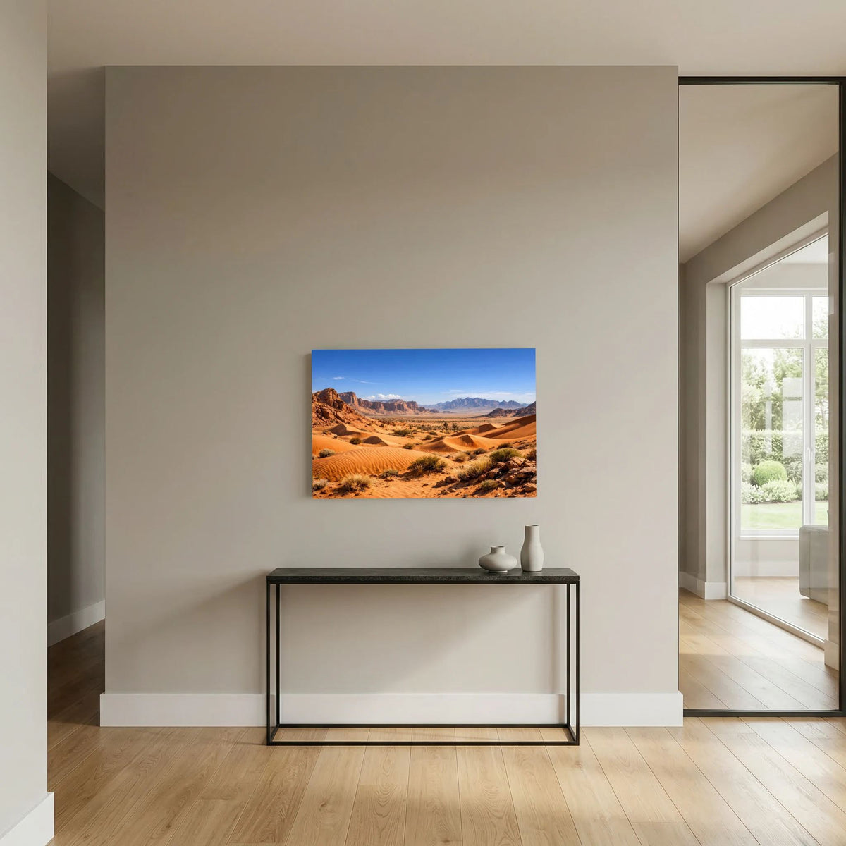 Poster mit Wüstenlandschaft und Sanddünen, mittig im Querformat
