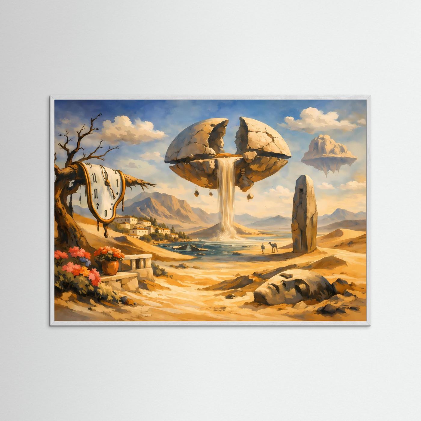Surreale Traumlandschaft mit schmelzender Uhr & Wasserfall | Surrealismus Panorama Poster Querformat