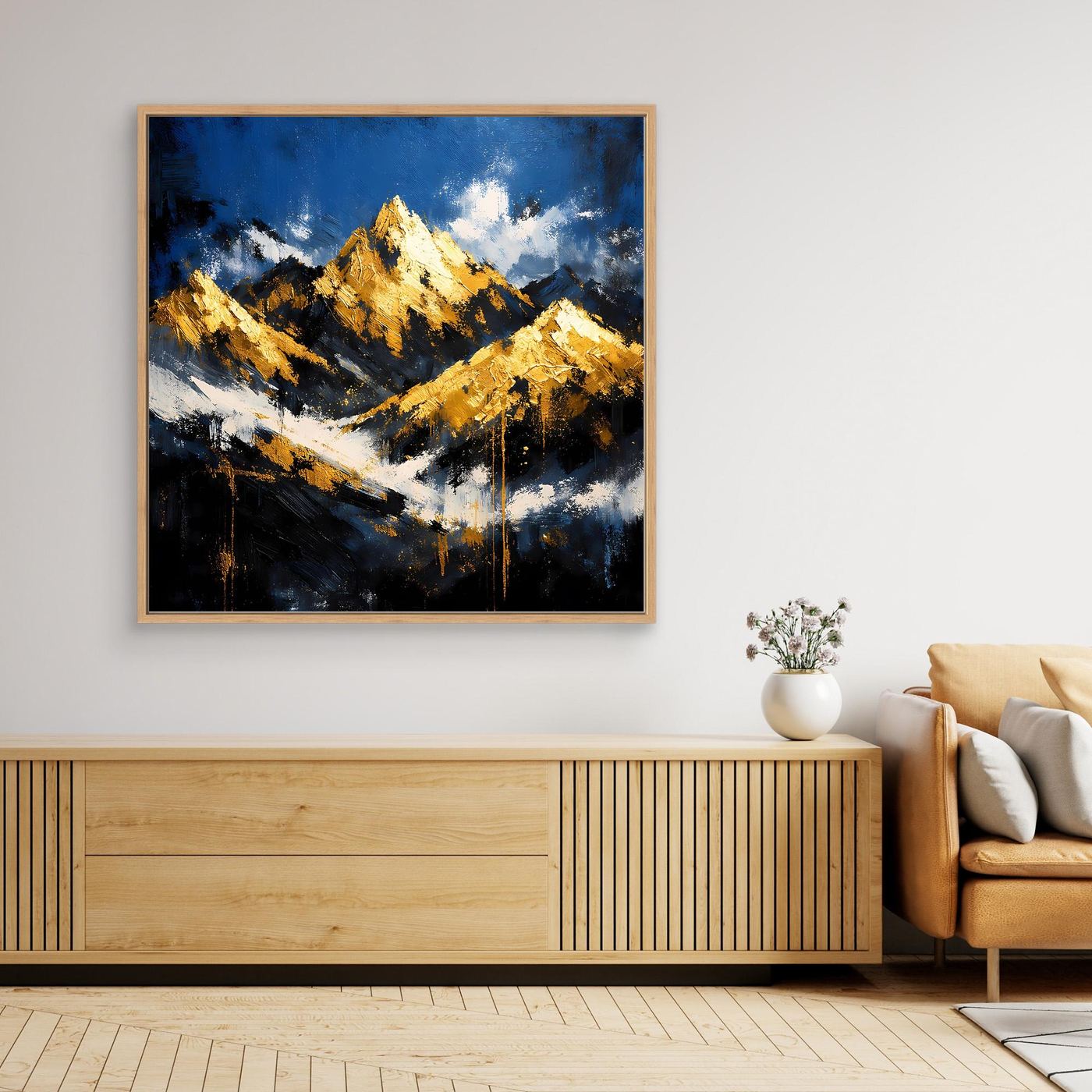 Leinwand Abstraktes Berggemälde in Blau und Gold | Modernes Berge Wandbild