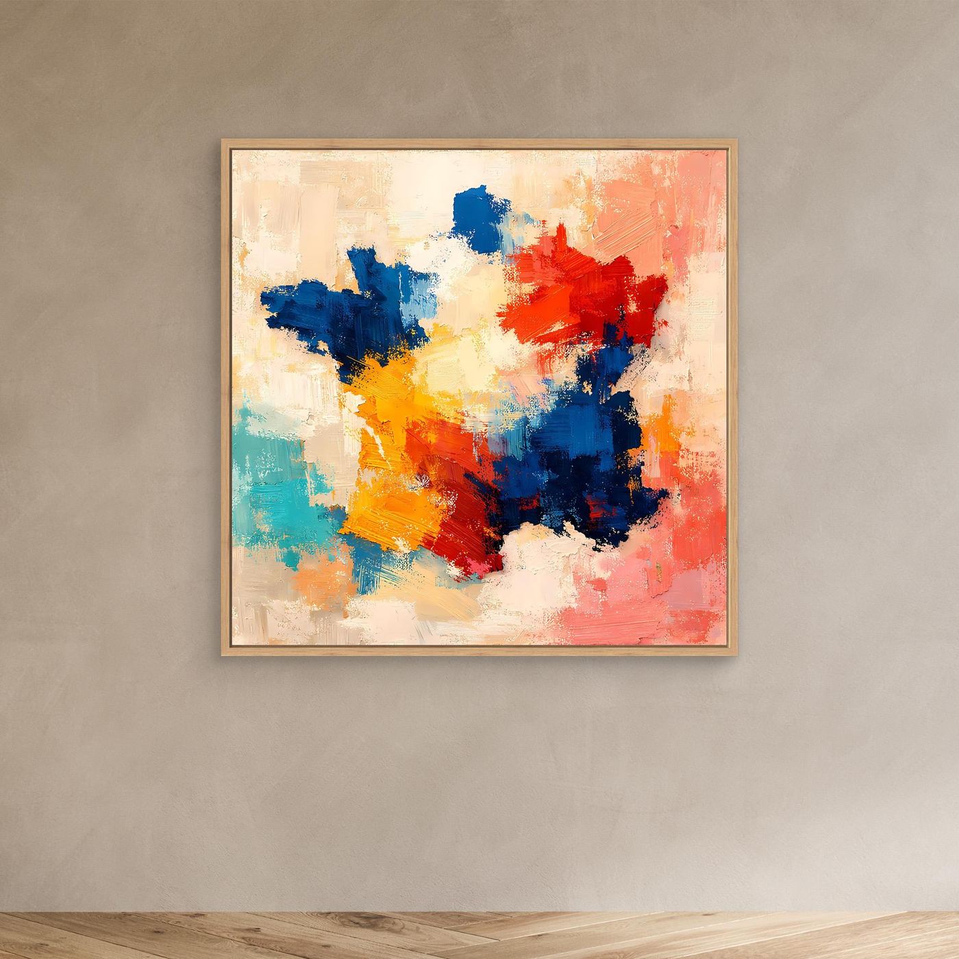 Abstract France map canvas wall art with blue, red, orange paint strokes, oak wood frame
