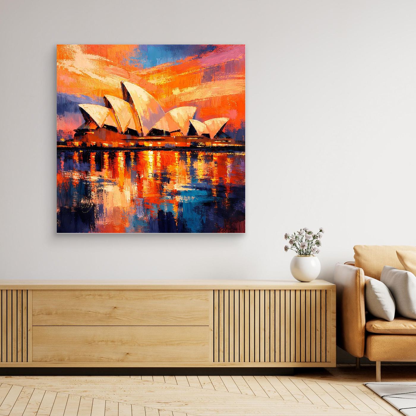 Großes Wandbild der Sydney Opera House abstrakt bei Abendrot, orangefarbener Himmel über blauem Wasser