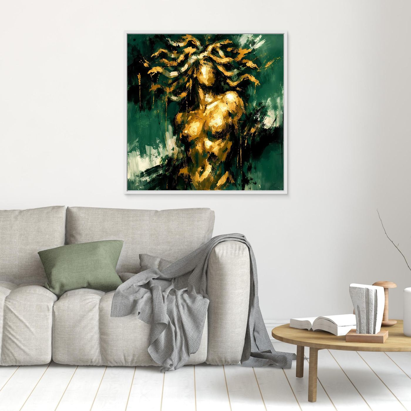 Leinwand Mystische Medusa in Smaragdgrün | Abstraktes Mythologie Wandbild Gold