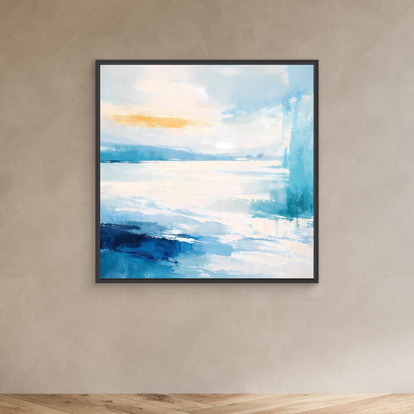 Leinwandbild mit abstrakter Küstenlandschaft in Blau und Türkis, mit dunklem Rahmen