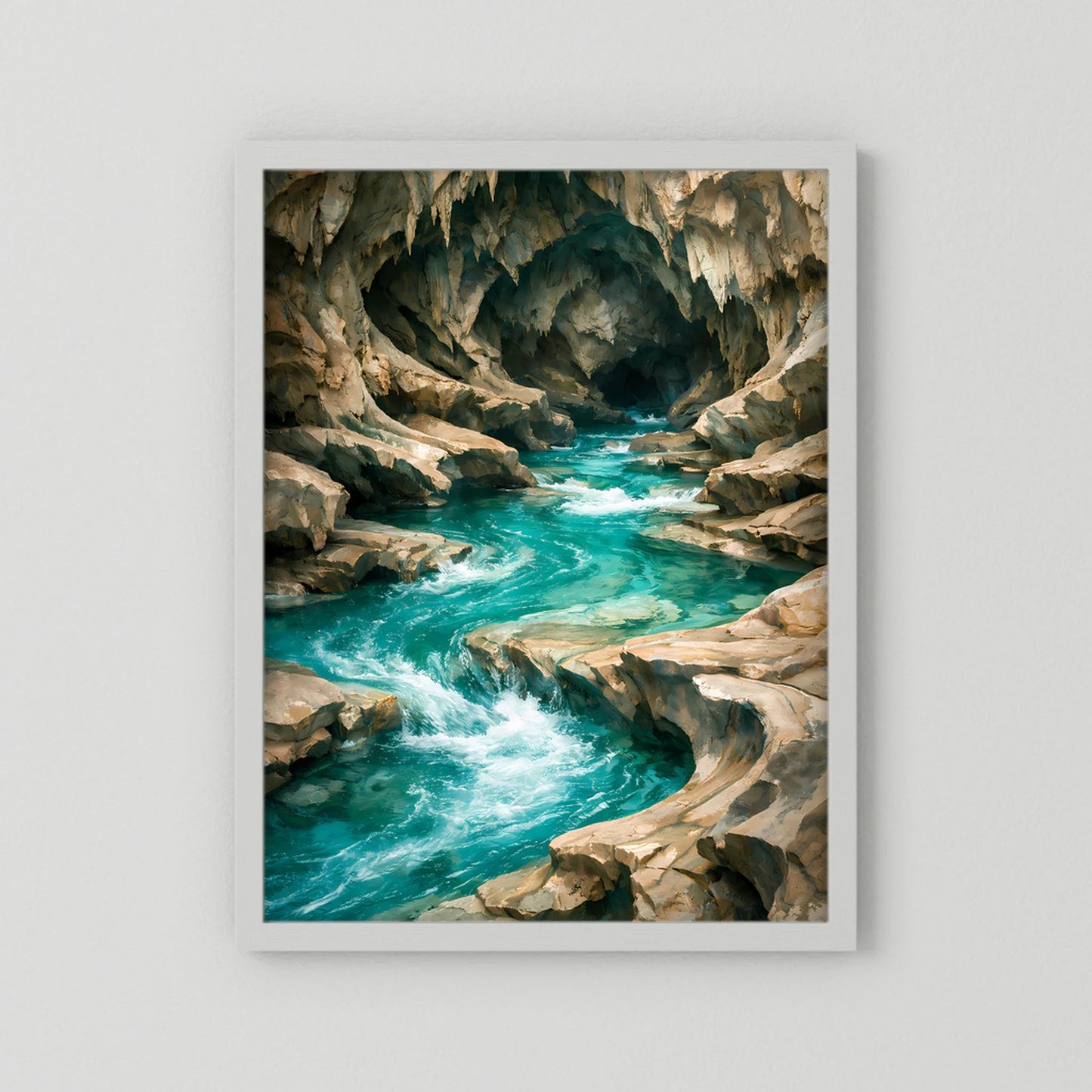 Kunstposter im Hochformat mit weißem Rand: Felsenhöhle mit türkisfarbenem Fluss