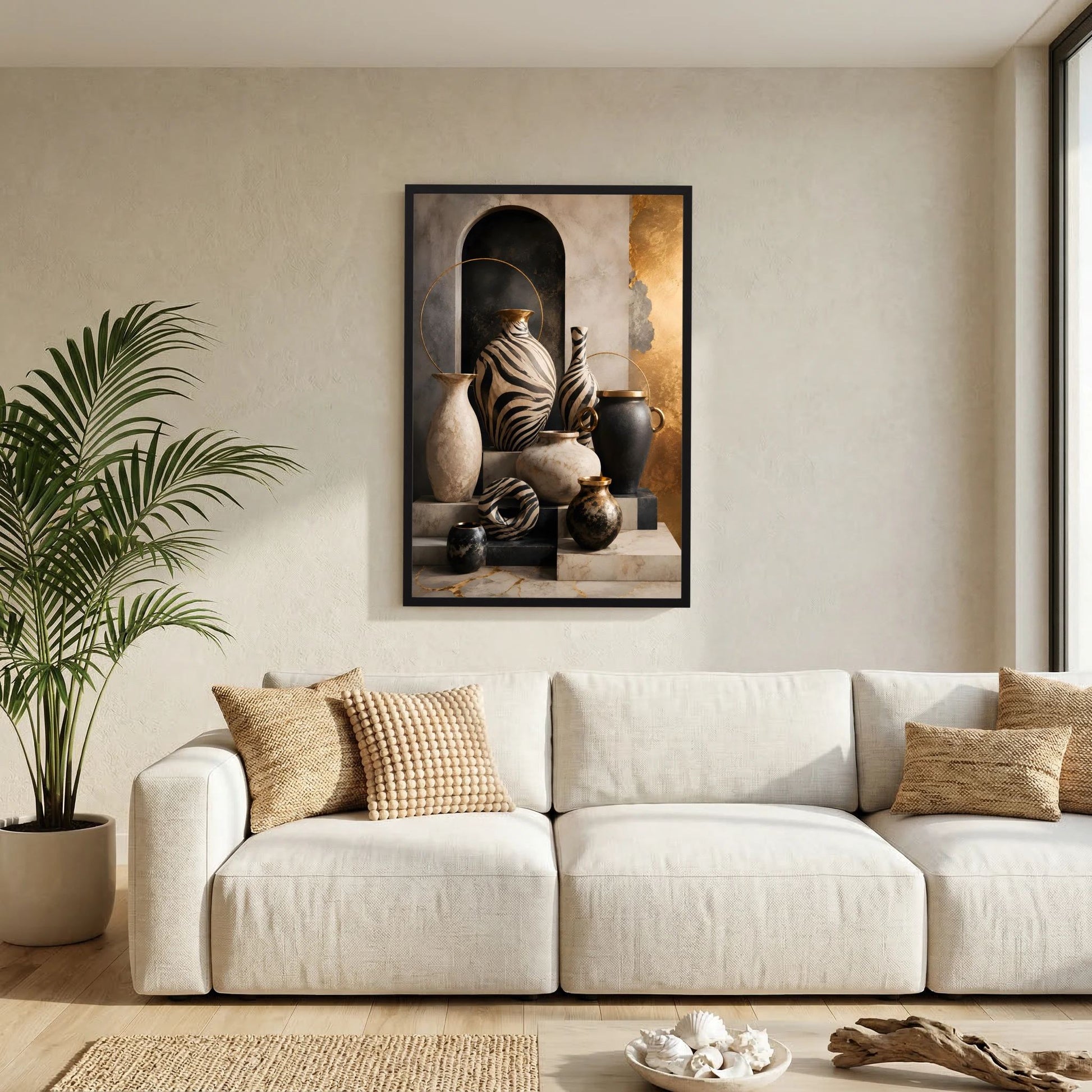 Poster im Hochformat: Zebra-Keramik-Stillleben, Schwarz-Gold mit schwarzem Rahmen an Wand