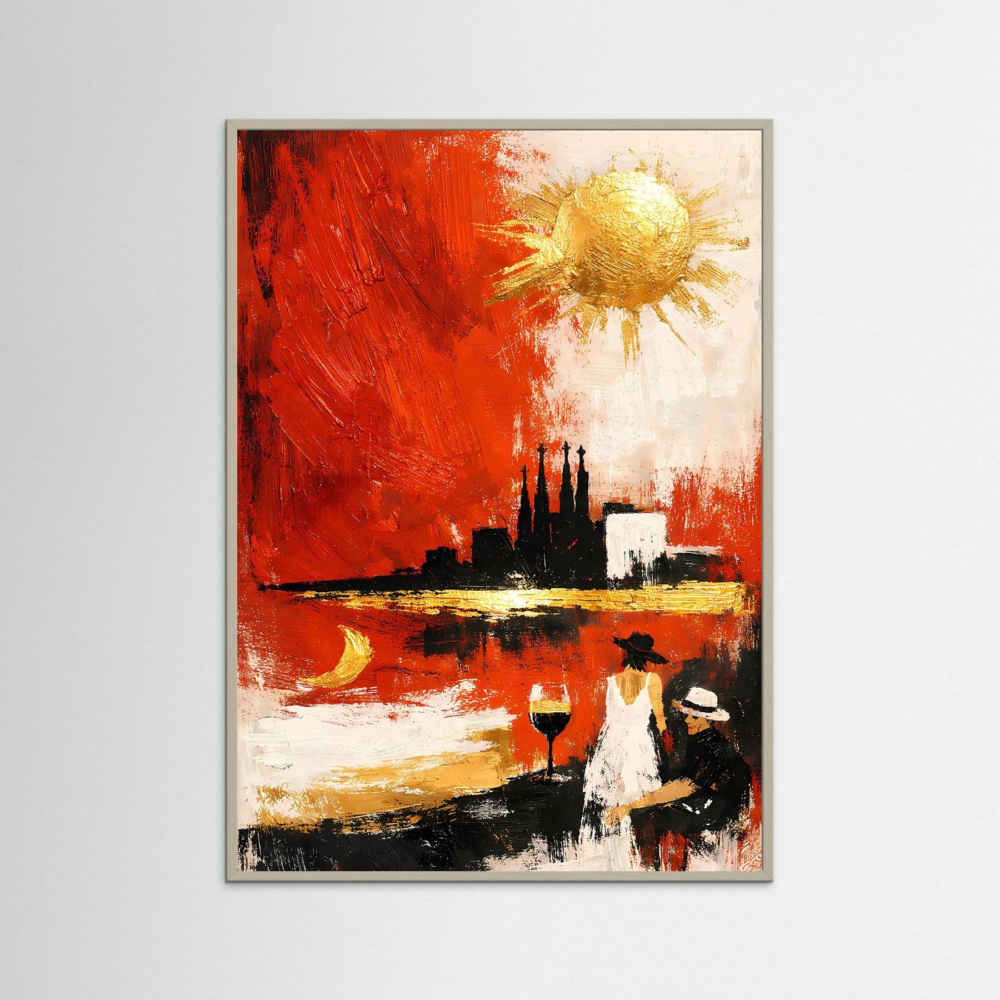 Abstraktes Skyline-Kunstposter mit grauem Rahmen, Feuerrot & Gold, Sonne, Figuren, hochformatig