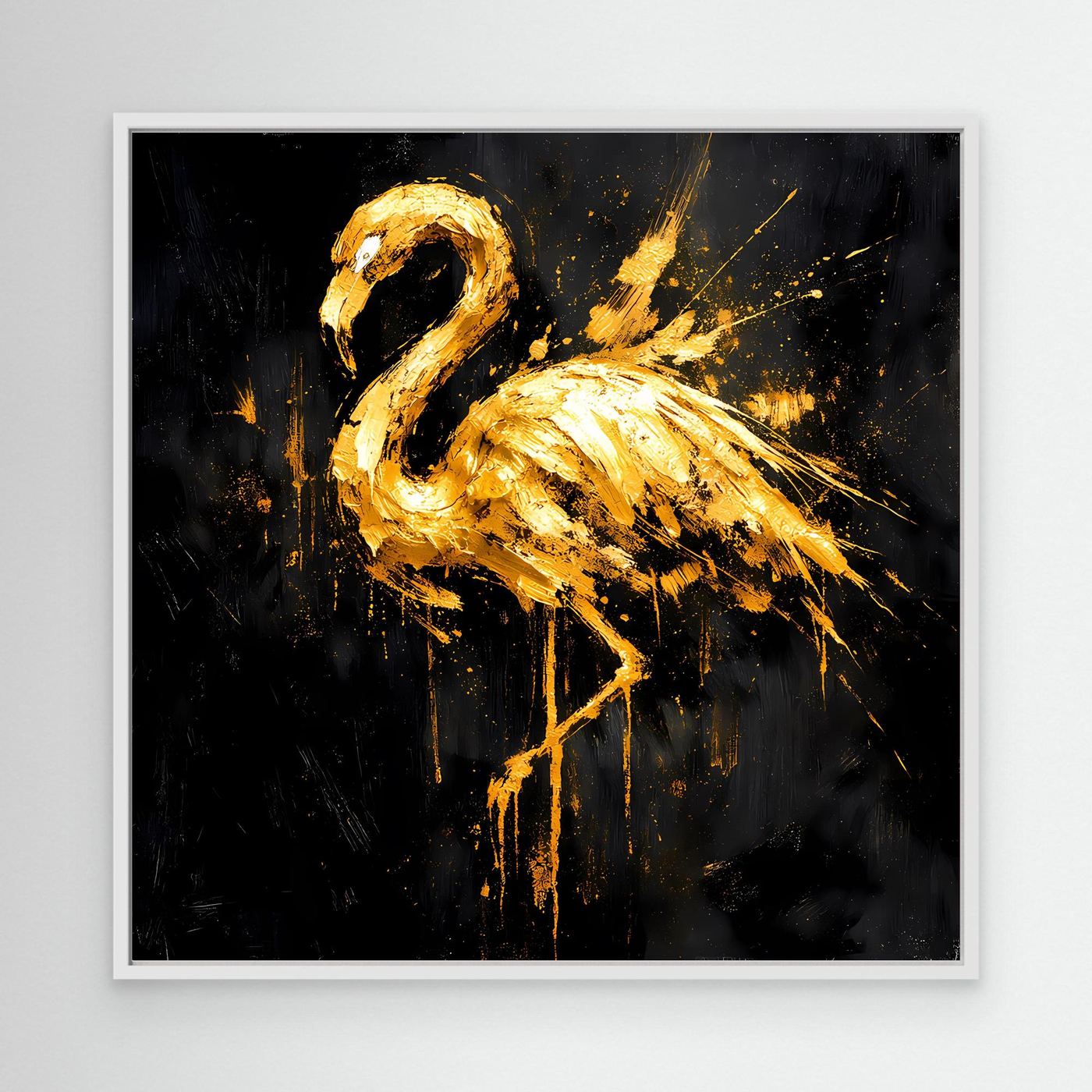 Leinwand Goldener Flamingo auf Schwarz | Abstraktes Modernes Tier Wandbild Kunst