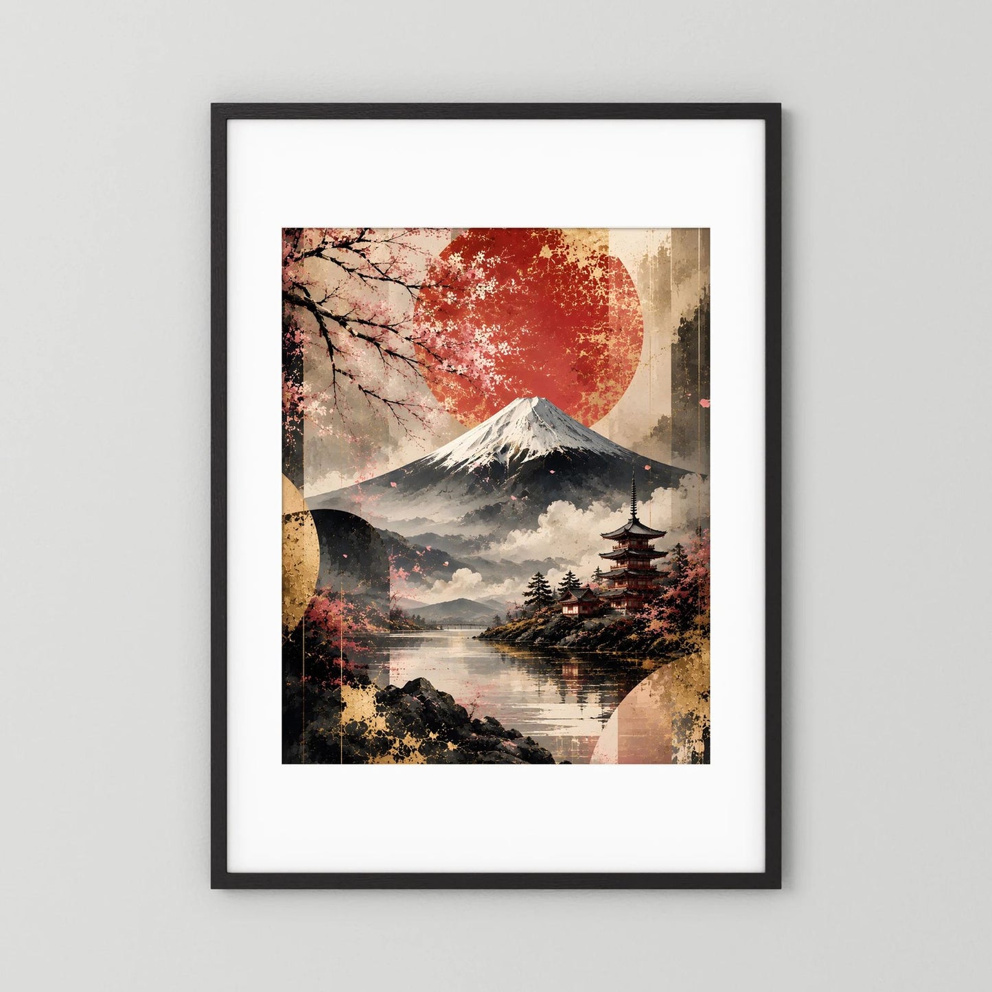 Hochformatiges Poster mit Fuji und Pagode, Kirschblüten und roter Sonne im schwarzen Rahmen