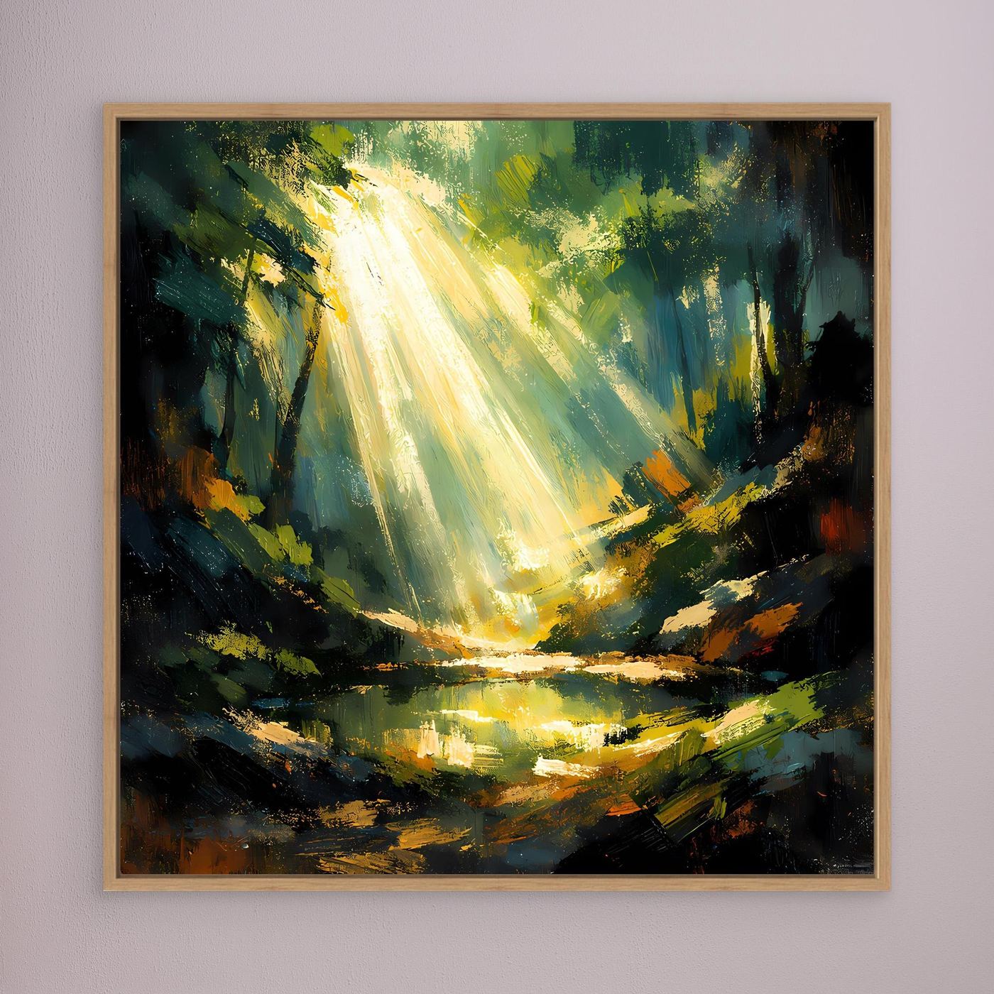 Leinwand-Wandbild mit goldenen Lichtstrahlen im Wald, goldbraun gerahmt