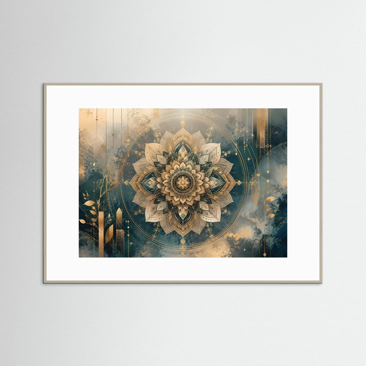 Gerahmtes Poster im Querformat mit goldener Mandala-Lotus-Geometrie auf petrolfarbener Grafik