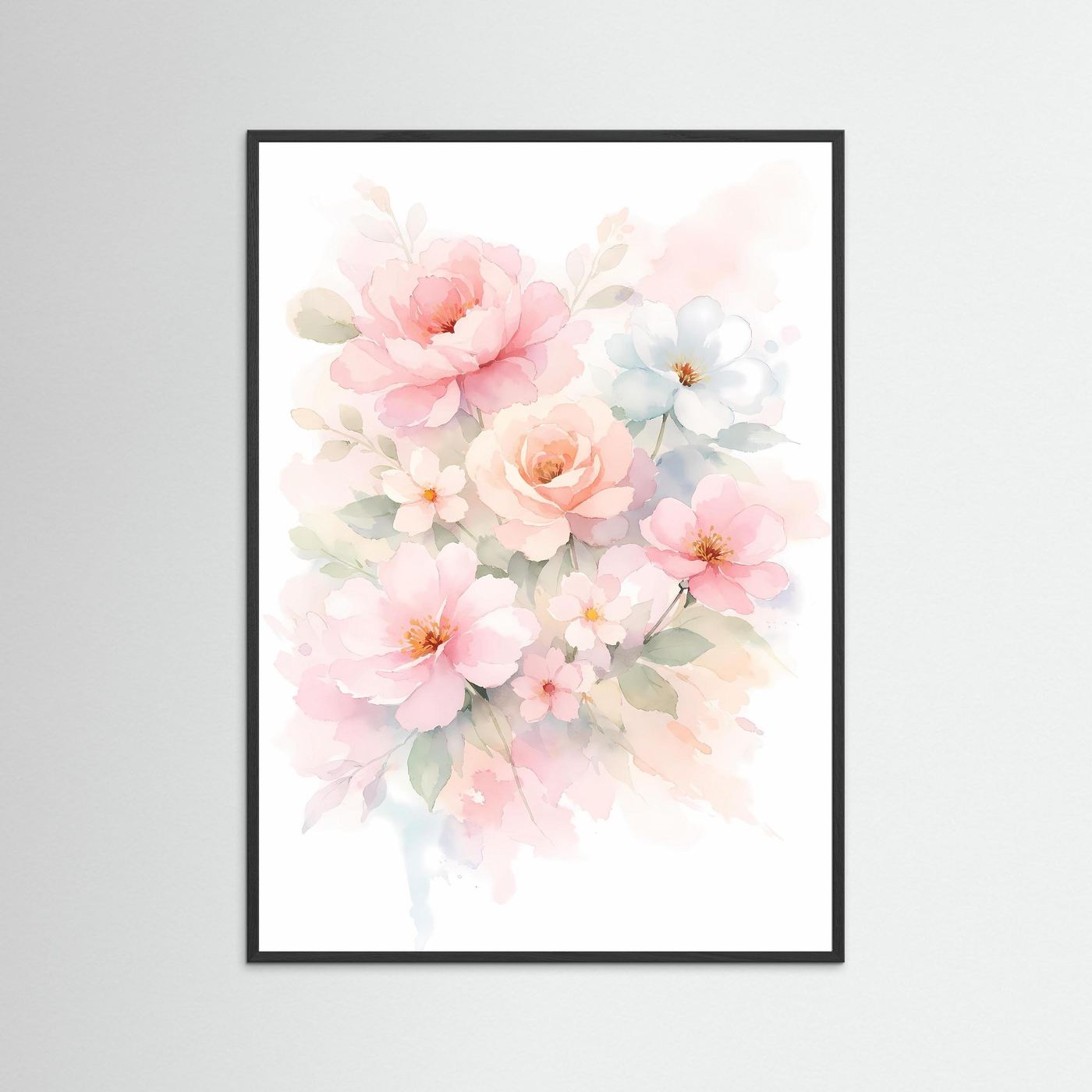 Wandbild mit Aquarell-Blumenbouquet in Pastelltönen, schwarzer Holzrahmen
