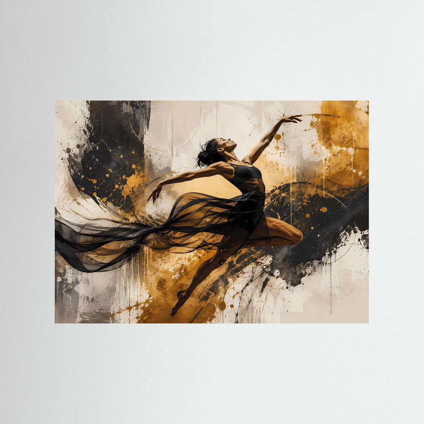 Dynamische Tänzerin in Schwarz, Weiß & Gold | Abstraktes Kunstposter im Querformat | Modernes Wandbild
