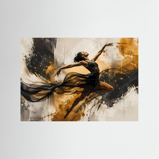 Abstraktes Kunstposter mit Tänzerin in Schwarz, Weiß und Gold im Querformat