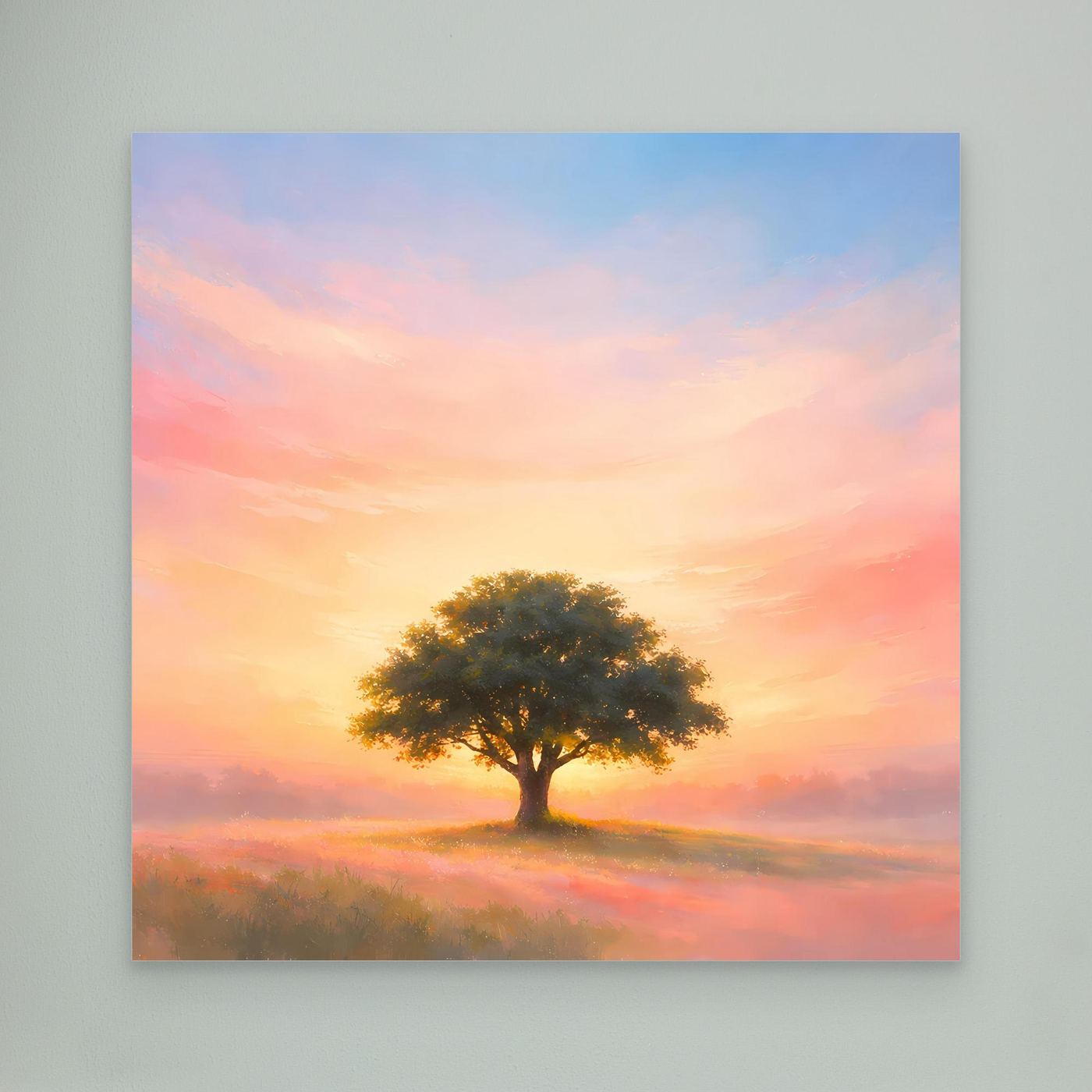 Leinwand-Wandbild mit einsamem Baum bei Sonnenaufgang, Pastellhimmel
