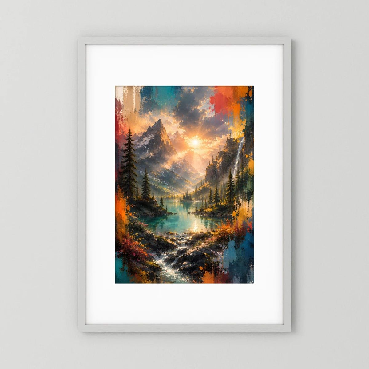 Wandbild im Hochformat mit farbenfroher Berglandschaft und Sonne, im weißen Rahmen.