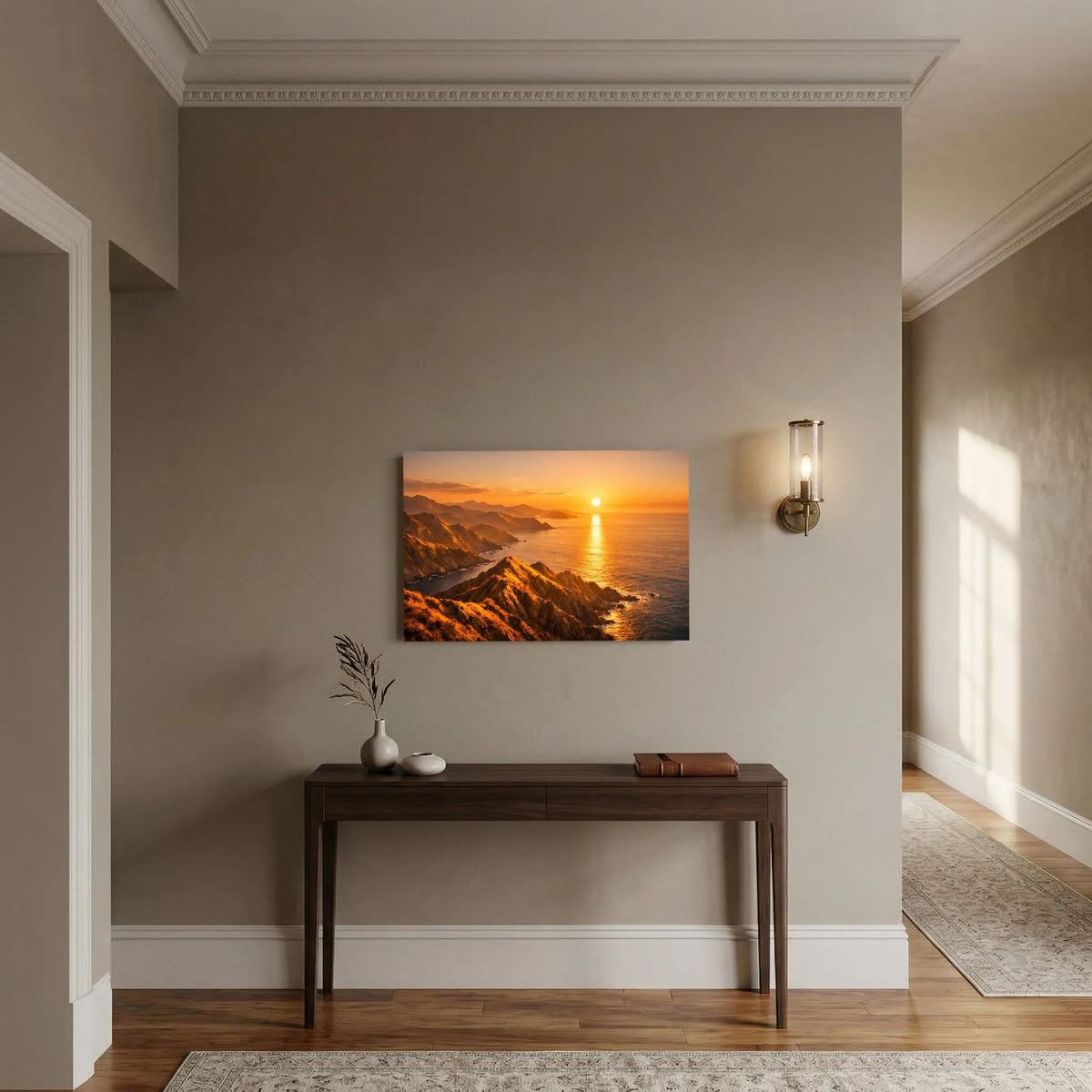 Wandbild-Poster mit Sonnenuntergang über Küstenklippen und goldenem Licht auf dem Meer