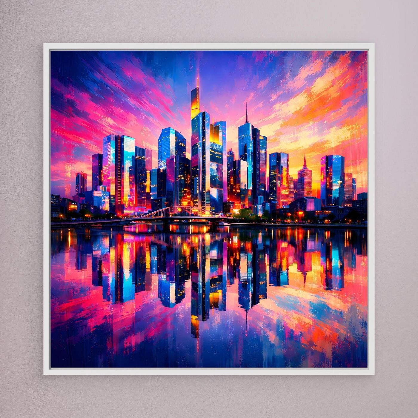 Leinwand Farbenfrohe Frankfurt Skyline bei Sonnenuntergang | Modernes Wandbild